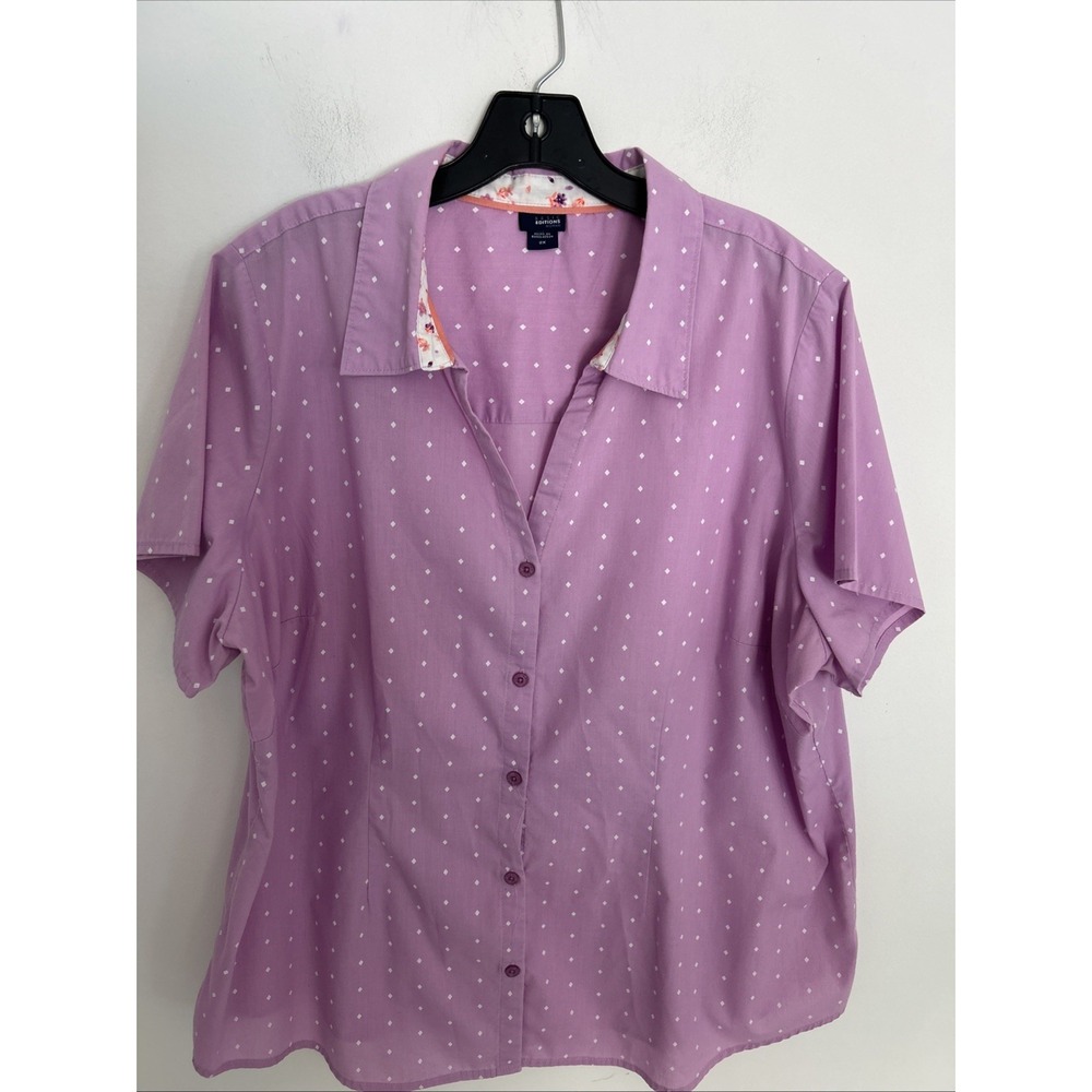 Basic Additions Women 2X Pink Collared White Diamond Button Up V-Neck‎ Blouse